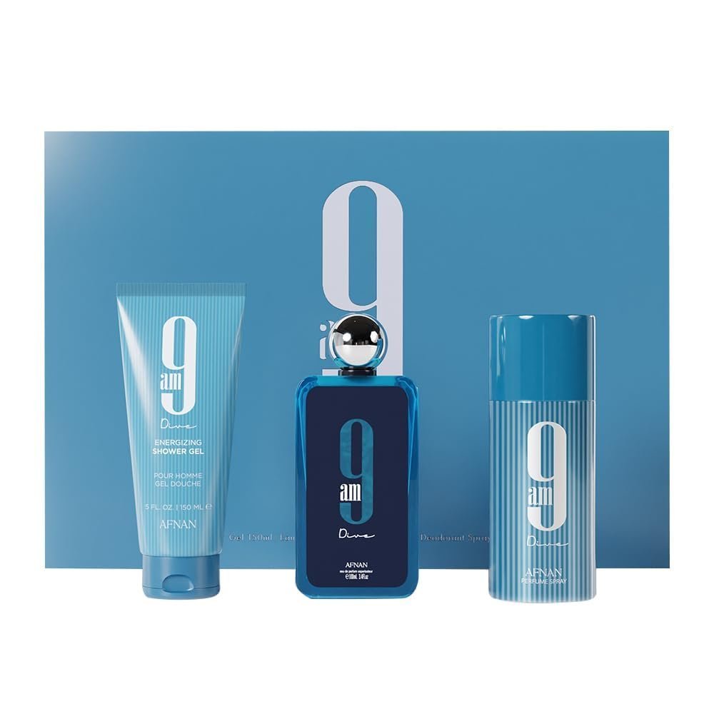 51Sc0rmlZ1L._SL1000_.jpg Afnan 9 Am Dive Perfume Gift Set – Eau De Parfum (3.4 Oz), Shower Gel (5.0 Oz), Deodorant (5.0 Oz) Visit the Afnan Store - Image 1