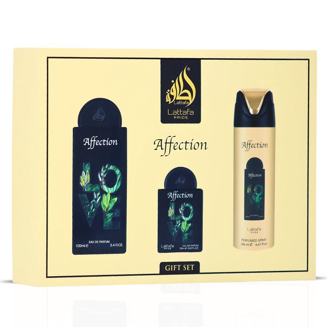 61lQKX9dLdL._SL1080_.jpg Lattafa Pride - Affection for Men - 3 Pc Gift Set 3.4oz EDP Spray, 6.67oz Perfumed Body Spray, 0.67oz EDP Spray - Image 1