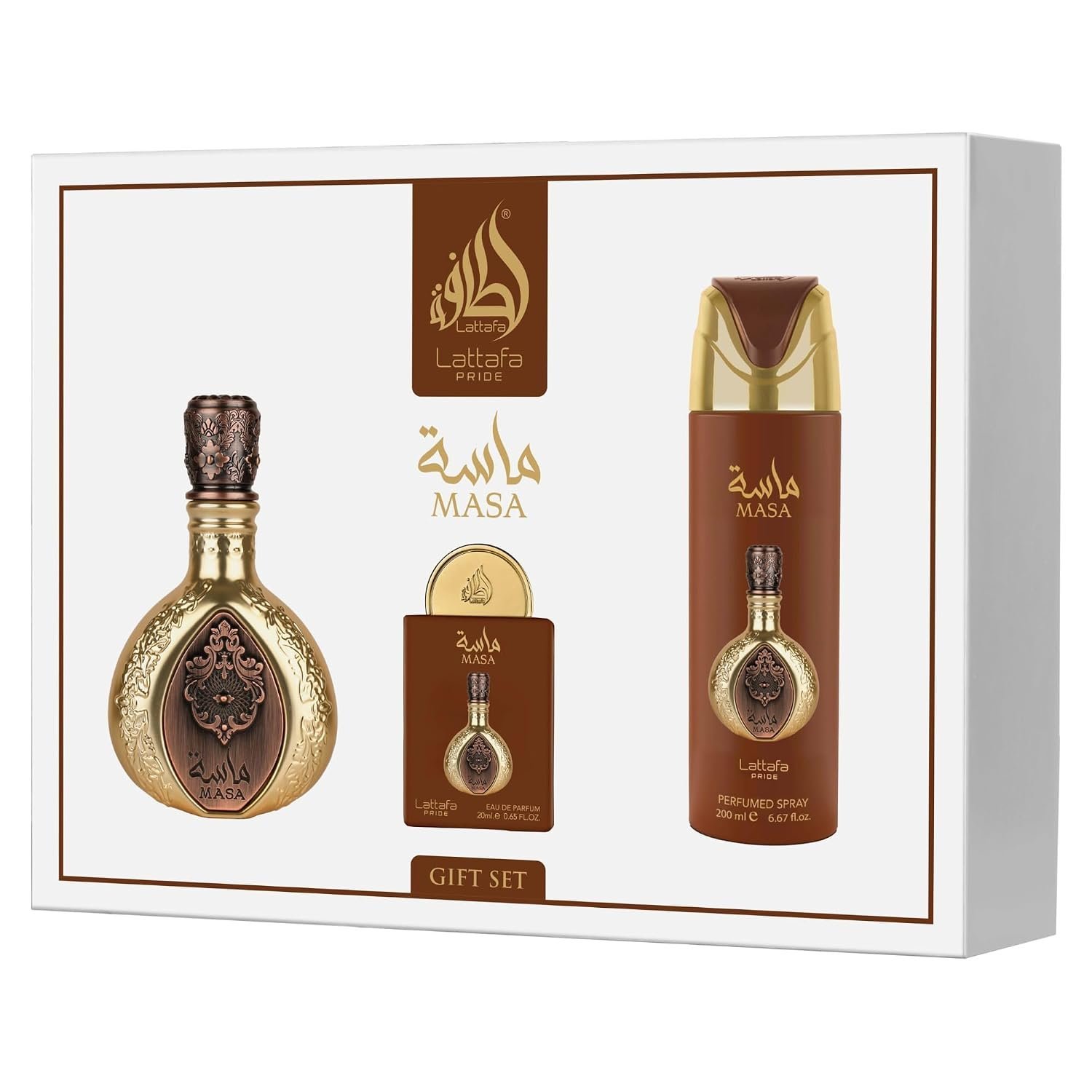 71JaMpRwNvL._SL1500_.jpg Lattafa Pride Masa 3-Piece Gift Set | 100ml Eau de Parfum, 200ml Deodorant, 20ml Eau de Parfum | Unisex Long Lasting - Image 1