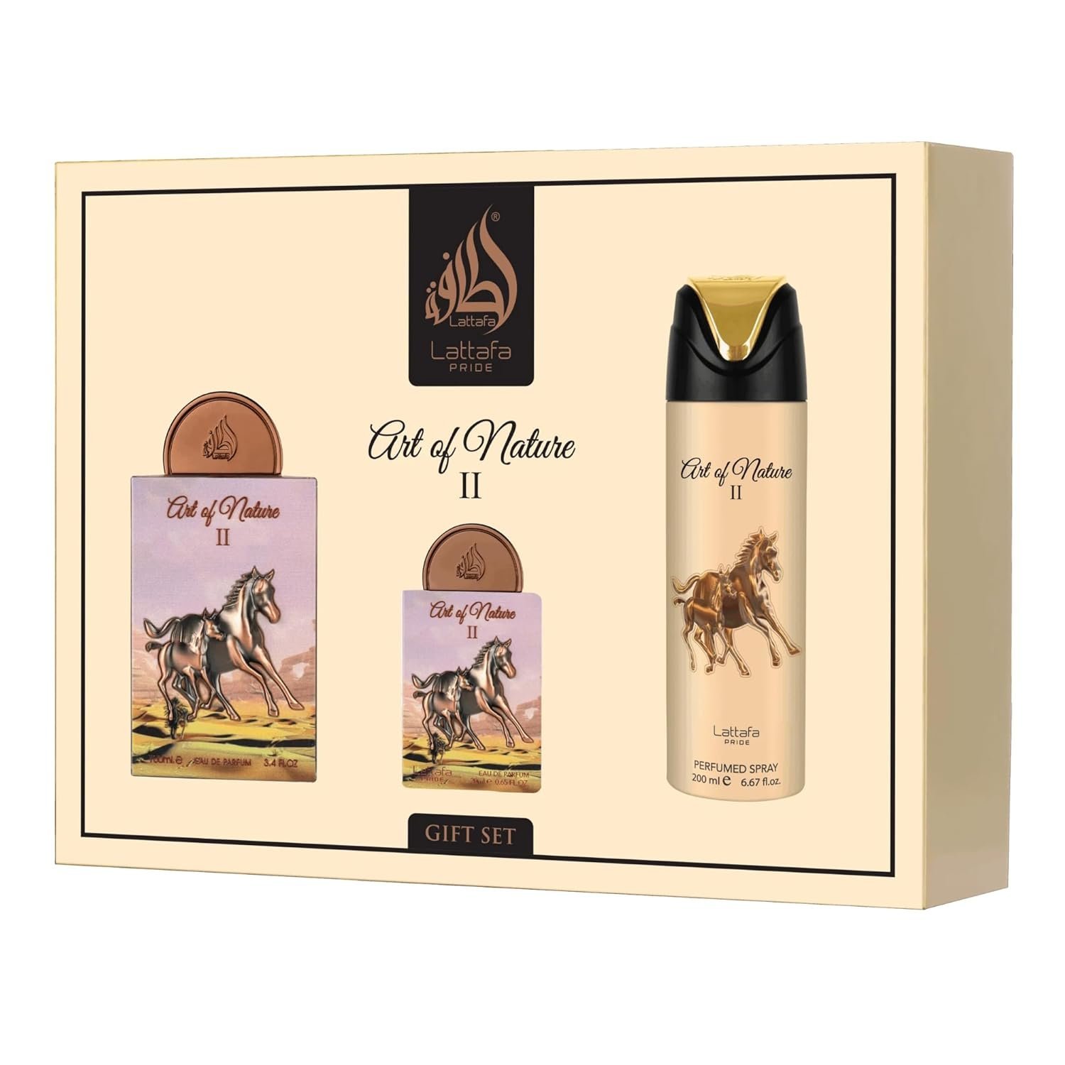 71WSu8EJvAL._SL1500_.jpg Lattafa Pride Art Of Nature II For Unisex 3 Piece Gift Set (3.4 Fl Oz EDP + 0.65 Fl Oz EDP + 6.67 Fl Oz Deo) - Image 1