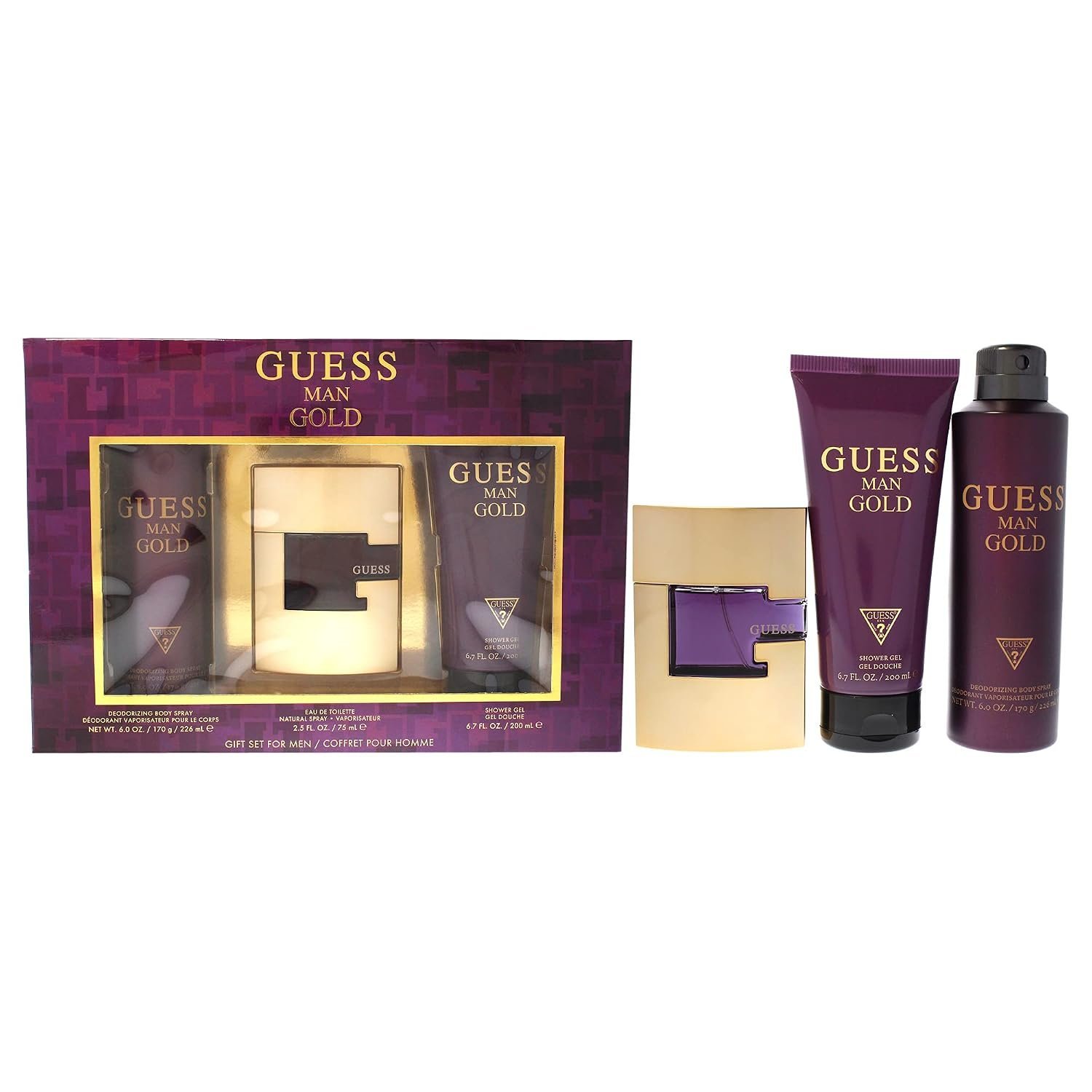 71m5ZMcr7L._SL1500_.jpg Guess Gold 3 Pc Gift Set 2.5oz EDT Spray, 6.0oz Deodorizing Body Spray, 6.7oz Shower Gel GIFTSET - Image 1