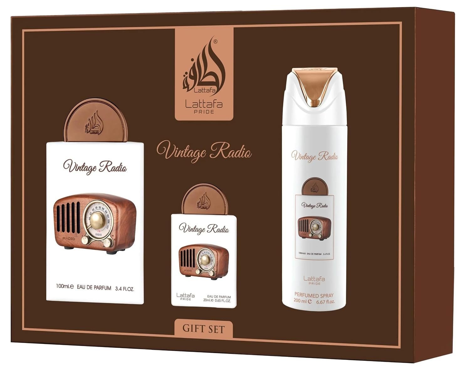 71zyLEebUXL._SL1500_.jpg Lattafa Pride Vintage Radio – Aromatic, Woody, Spicy, Amber – 3-Piece Gift Set for Unisex - Image 1