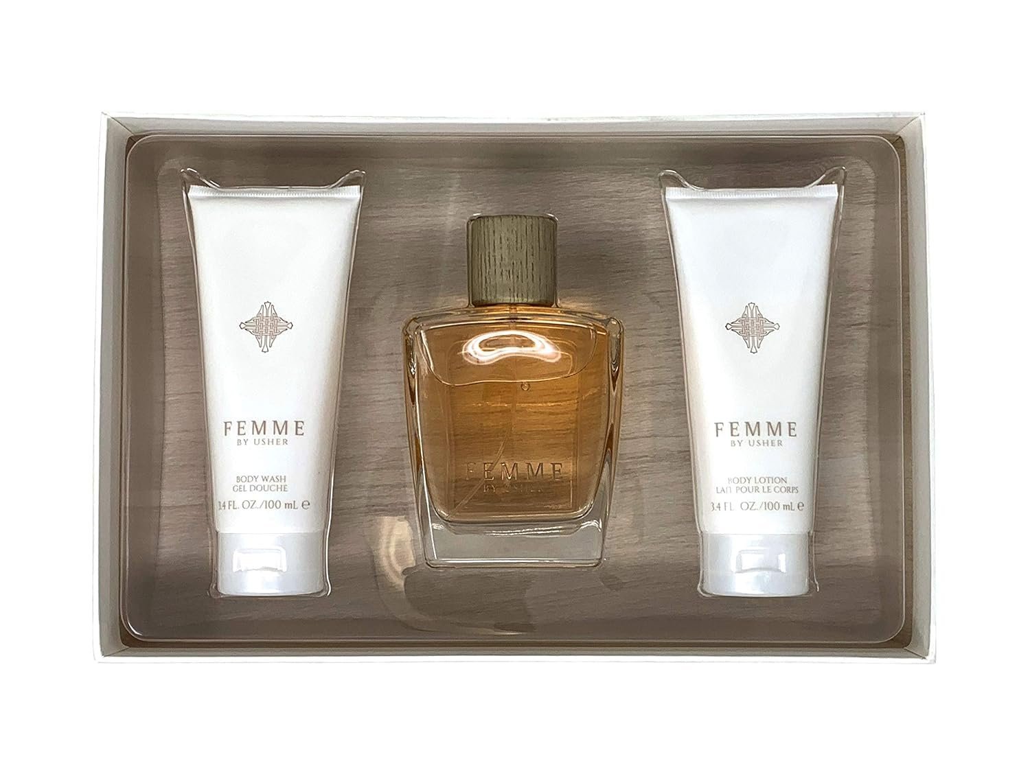 81HOnoiZ6KL._SL1500_.jpg Usher Femme Gift Set for Women - Eau De Parfum Spray (3.4 Oz) + Body Lotion + Shower Gel - Image 1